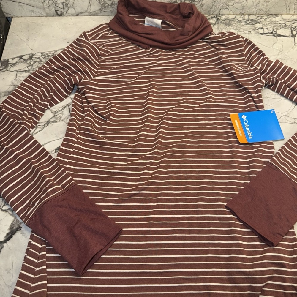 Columbia Women's Small Essential Elements Striped LS Shirt Maroon Cowl Neck NEW
